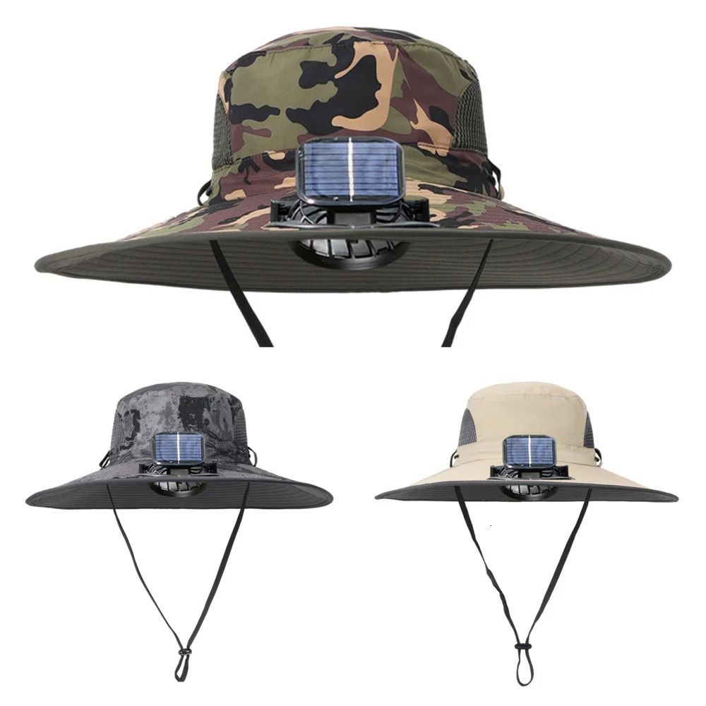 Summer Solar Fan Hat Outdoor Camping Fishing Hiking Sunscreen Fisherman Hats Men Women Brim Uv Waterproof Bucket Cap 250526