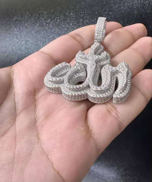 Arabic Islamic Hip Hop VVS Moissanite Custom Made Sterling Sier Gold Plated Allah Pendant