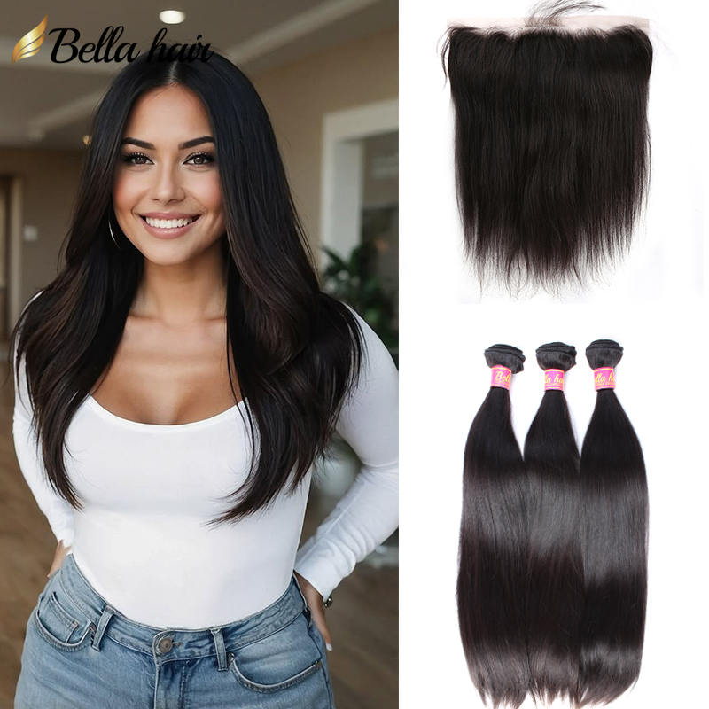 Bella Hair 13x4 13x6 Lace Frontal With Virgin Human Bundles Deal Skin-Like Human Hair Pre Plucked Super Natural Hairline Hairstyle Perfect Melt Black 