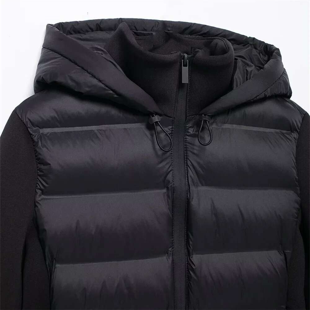 ZBZA Woman's Neoprene Effect Jacket High Collar Long Sleeves Hooded Splice Warm Overcoat Autumn Winter New Female Chic Outerwear
