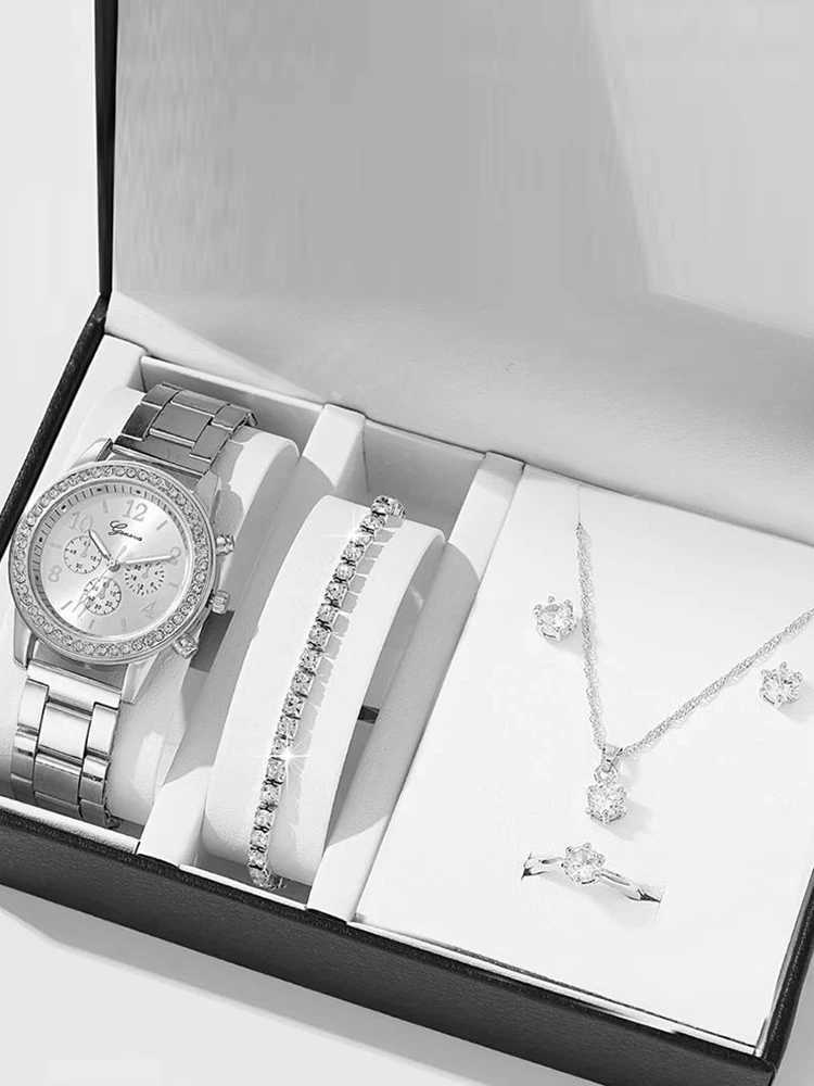 6pcs Fashionable and Versatile WOMENS Quartz Watch with Diamond Inlay Bracelet Necklace Earrings Ring SetXJ250527