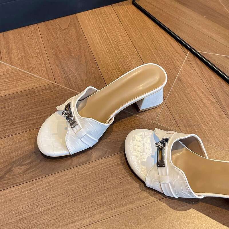 Genuine Leather Korean Crocodile Pattern High for Women Summer Open Toe Small Gold Buckle One Strap Chunky Heel White Sandals
