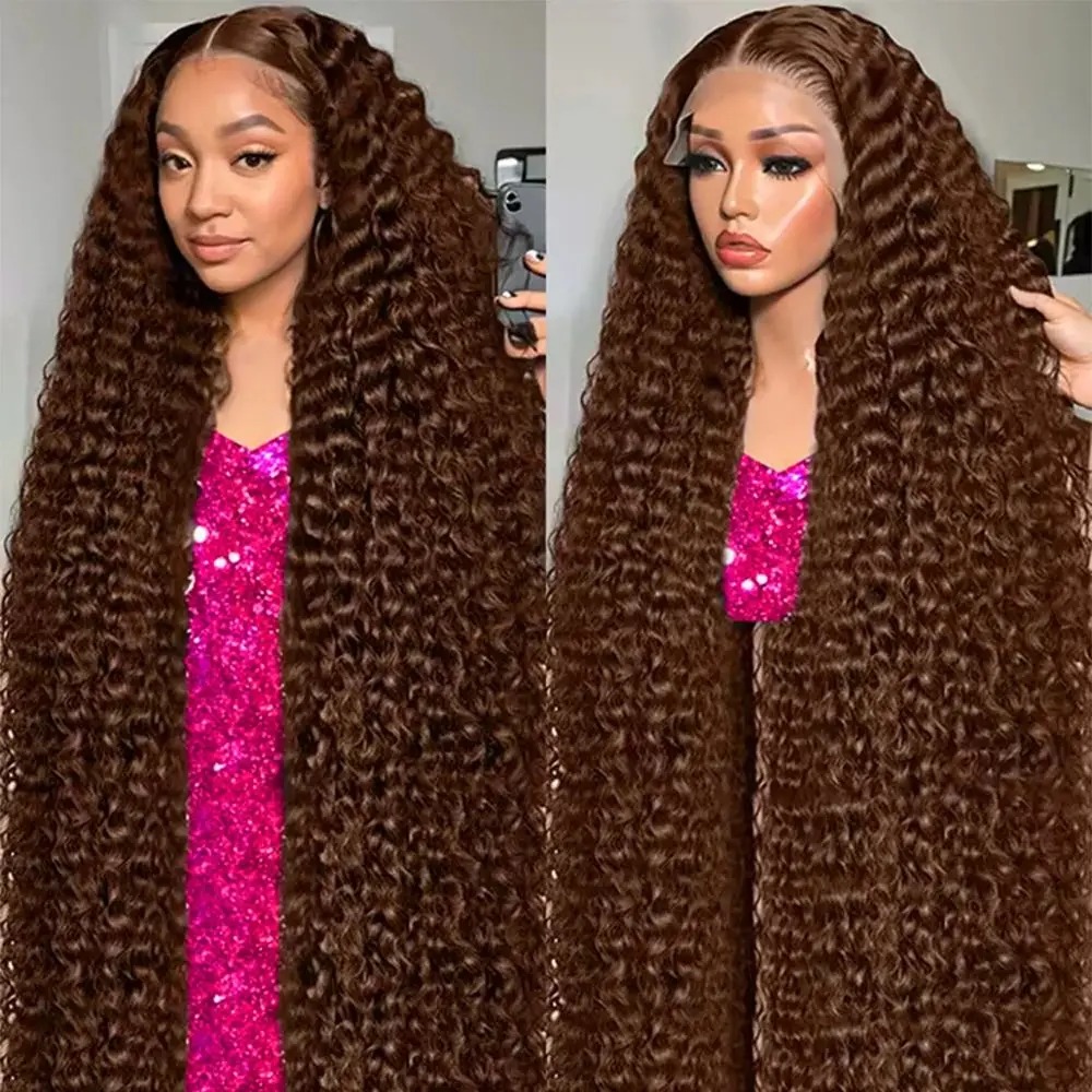 Chocolate Brown Curly Lace Front Human Hair Wigs 13x4 13x6 Brazilian Deep Wave Transparent HD Synthetic Lace Frontal Wig