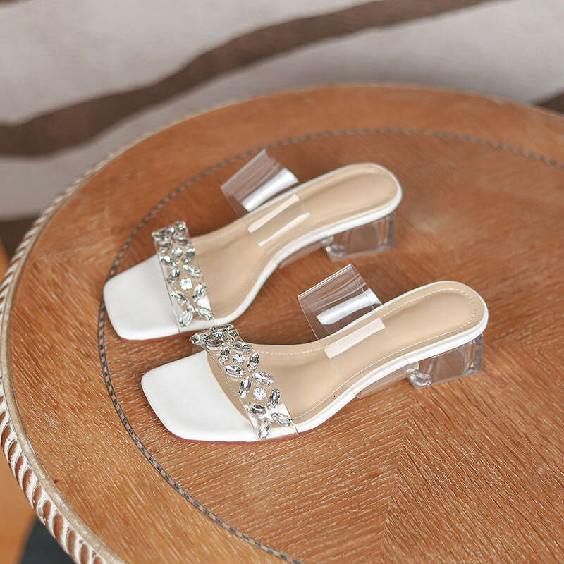 Women's Sandals 2025 Summer New Trendy Outdoor Transparent Rhinestone Elegant Fairy One-Strap High Chunky Heels