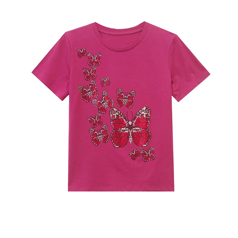 BlackSummerKoreanStyleCottonT-ShirtWomenFashionSexyButterflyShinyDiamondsTopsShort SleeveLooseTees53601 250527