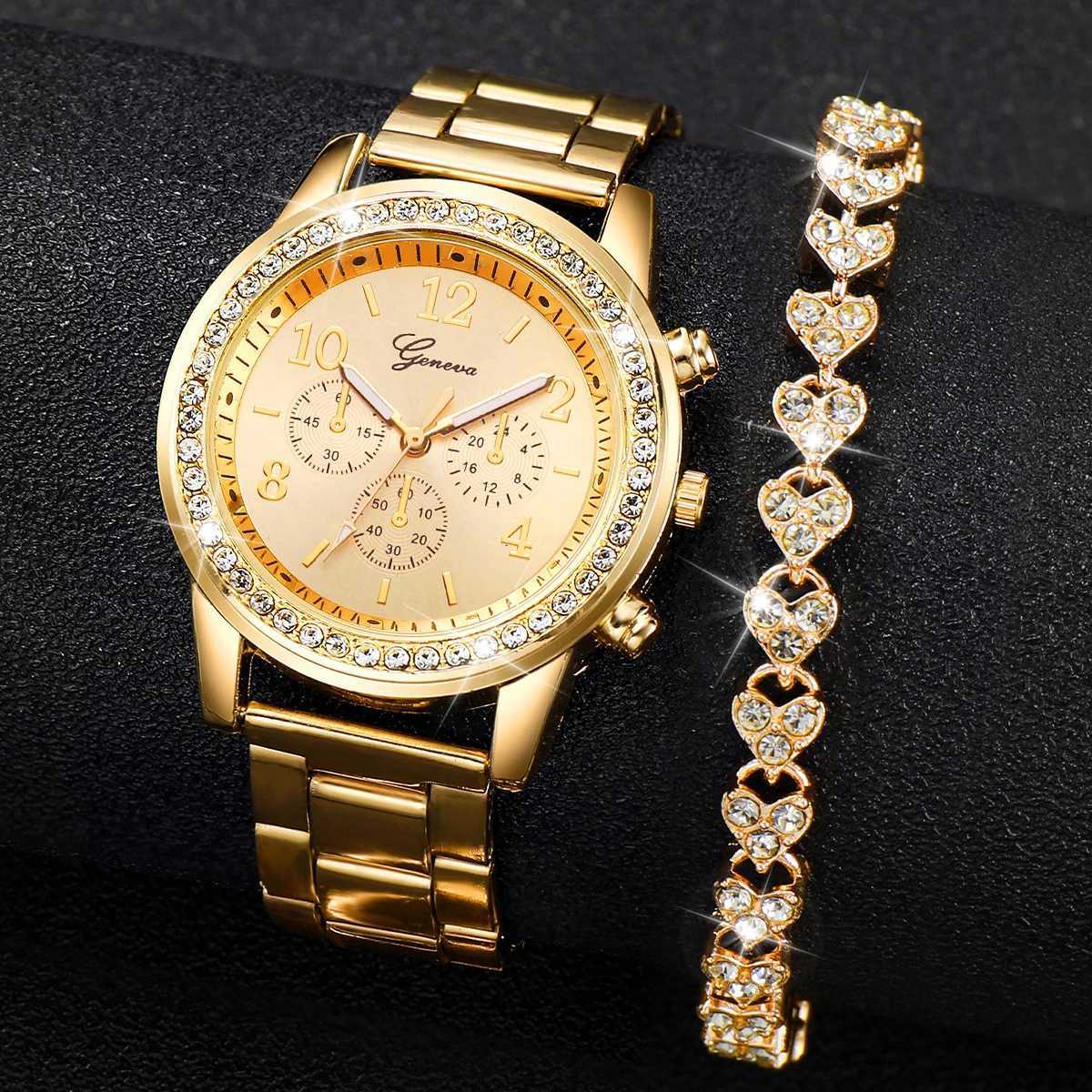 Fashion Women Stainless Steel Gold Color Quartz Watch Diamond Bracelet XJ250527