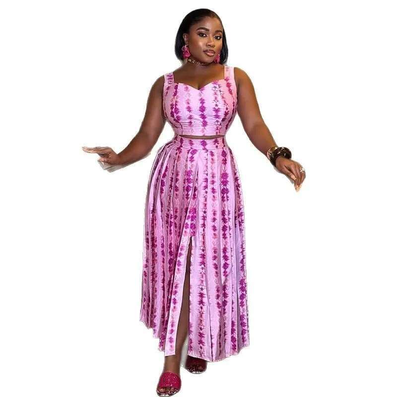 Women's Dress Print Sleeveless Strap Crop Tops And Pleated Skirts Suit Elegant Party Beach Two 2 Piece Set Outfits