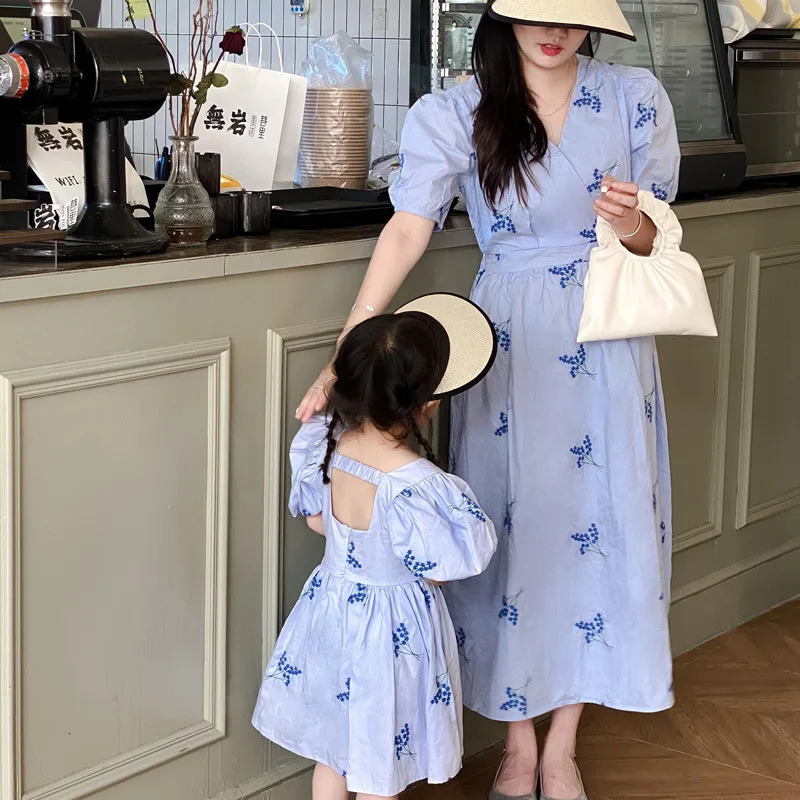 Like Mother Like Daughter Dresses Elegant and Pretty Same Mom and Baby Girl Princess Dress for Womens Blue Short Sleeve Frocks 250528