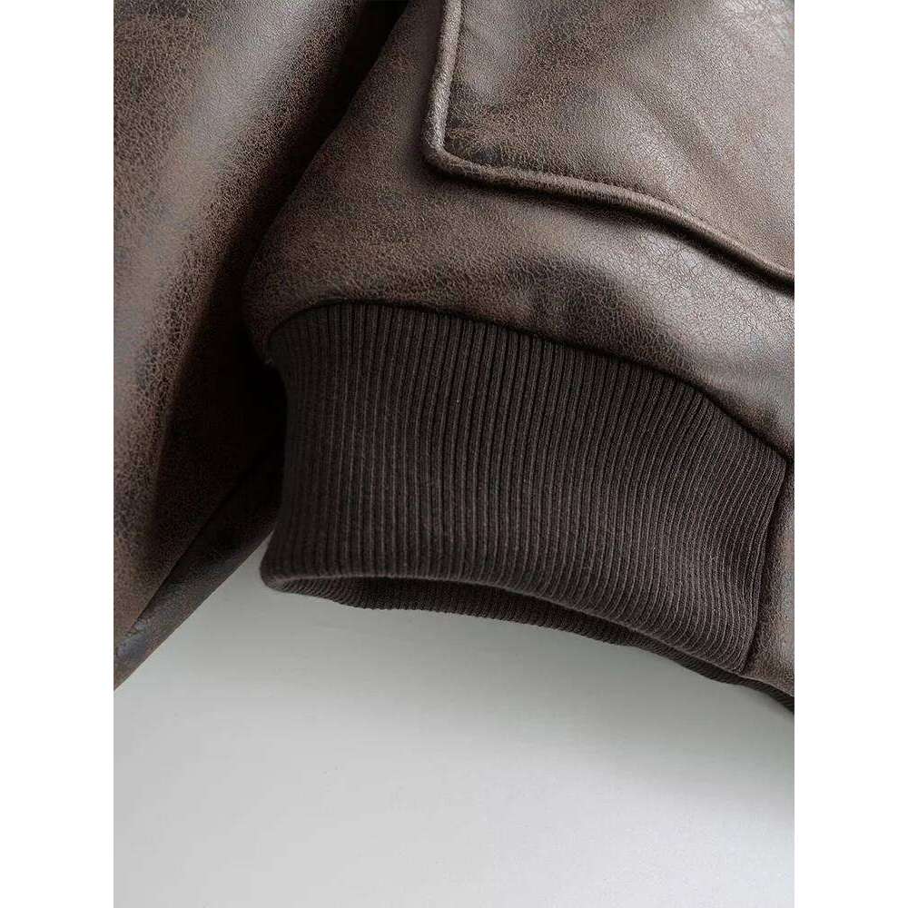 Autumn and Winter New Lapel Pocket Decoration Loose Faux Leather Bomber Jacket Short Coat Women