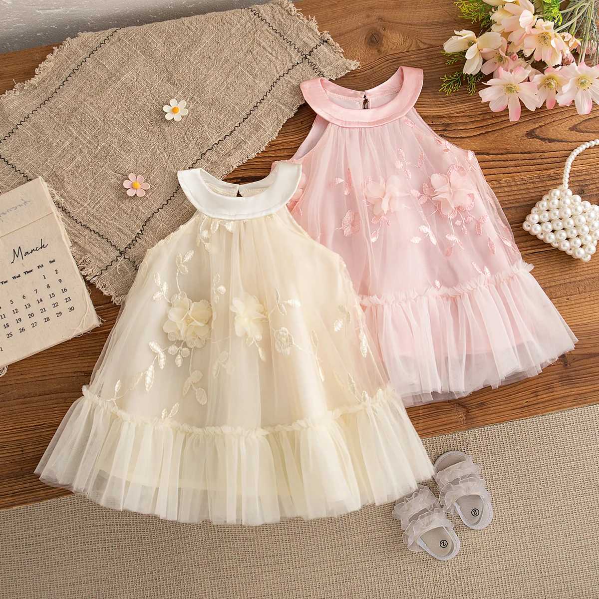 Baby Girl Dress Summer Floral Pattern Round Neck Sleeveless Mesh Puffy Girls Dress Cute Casual Baby Girl Princess Dresses X250528