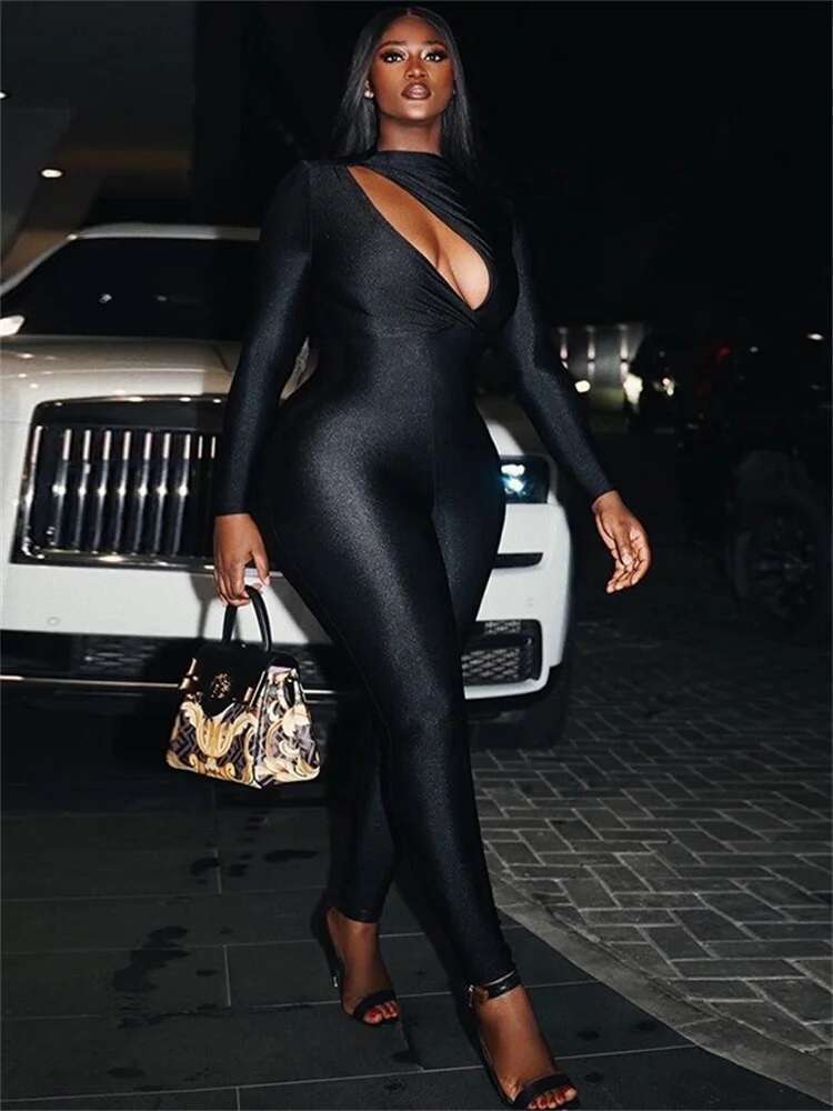 Jumpsuits Women Clothes Long Sleeve Sexy Zip Hollow Out Fashion Street Wear Rompers Club Outfits Wholesale Dropshipping