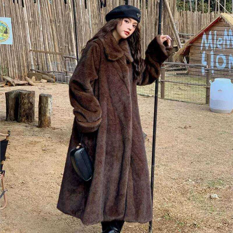 Winter Vintage Brown Lapel Mink Faux Fur CHIC Women Full Sleeve Loose Warm Below Knee Maxi Long Jacket Coat