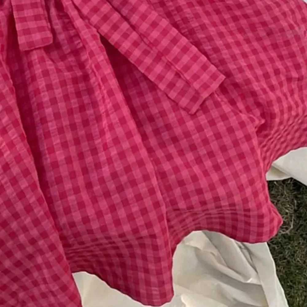 Red Checkered Butterfly Condensation Back Dress Childrens Wedding Party Clothing Bubble Sleeve Square Neck Pleated Dresses X250528
