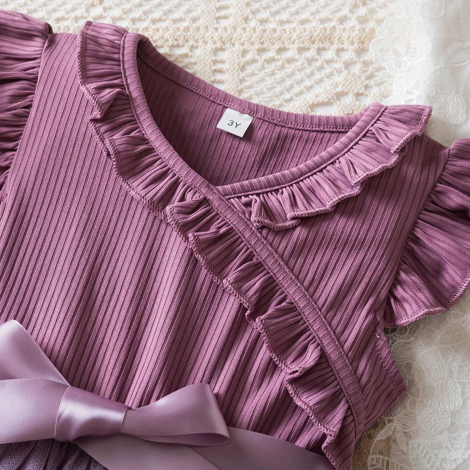New Childrens Dress for 3-8 Yrs Summer Dress Lotus Leaf Edge Design Bow Lace Up Star Sequin Sweet Tulle Kids Dresses for Girls X250528