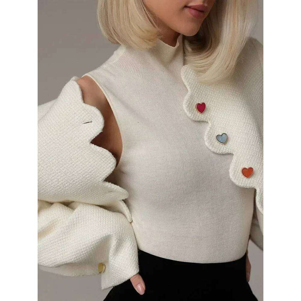Small Fragrance Lady Elegant Solid Cute Buttons Jacket Fashion Irregular Collar Long Sleeve Coat Woman Fall Causal Commuter Wear
