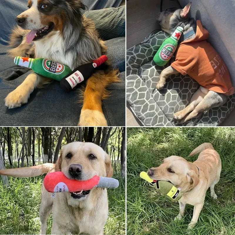 Funny Plush Dog Toys Beer Bottle Shaped Small Large Dogs Squeak Sound Clean Teeth Chew Toy Pets Interactive Playing Supplies Y250528