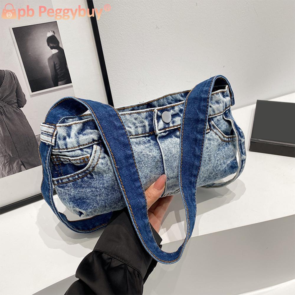 Denim Shoulder Bag with Zipper Women Handbag Vintage Clutch Purse Hobo Bag for Work Travel