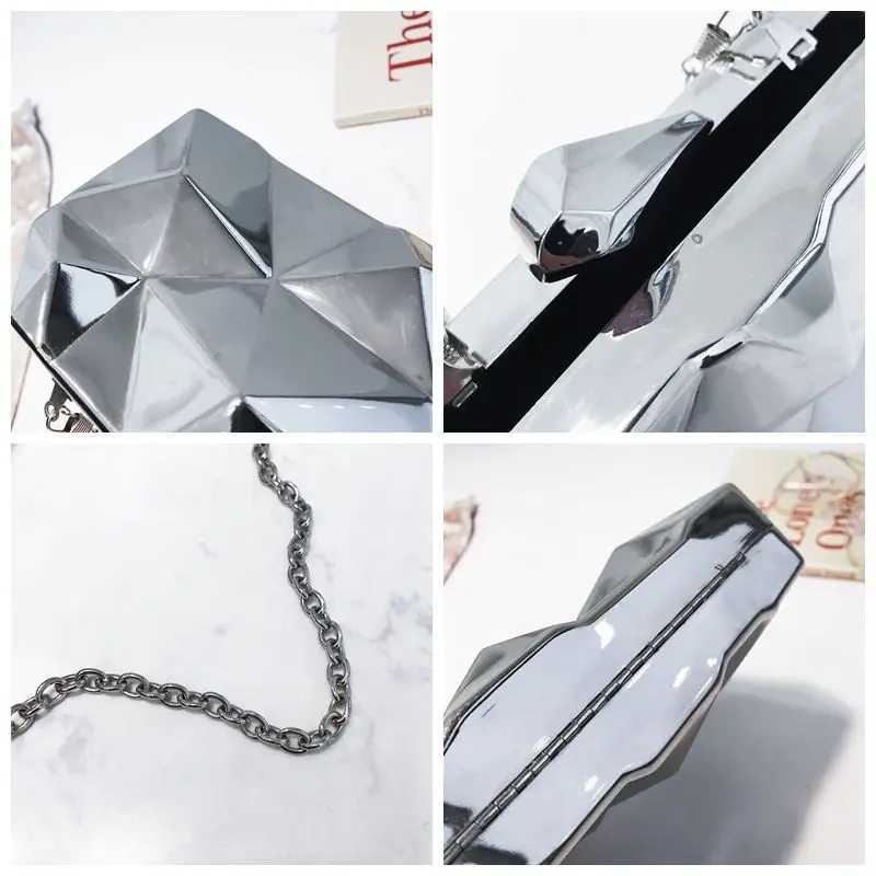 Women Handbags Metal High Quality Hexagon Clutches Fashion Geometric Mini Party Black Evening Purse Silver Bags Gold Box Clutch M250528
