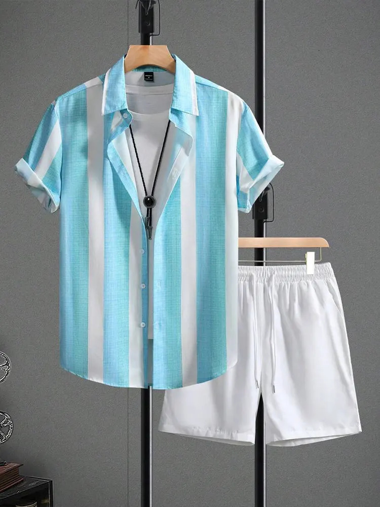 Summer Mens Shirt Shorts Twopiece Set Striped Printed Casual Suit Men Short Sleeve Street Hawaiian Beach Outfits 250520Z