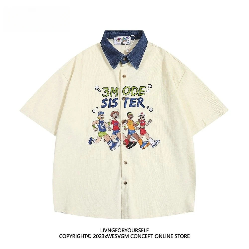 Summer American Retro Athlete Embroidered Spliced denim Neck Short-sleeved Shirt Men Women Loose Trendy Tops Aesthetic Chic 250527