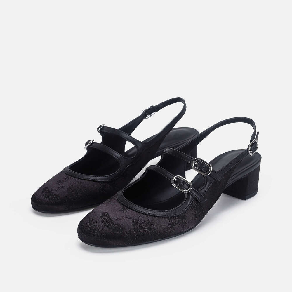 French Style Niche Chunky Sandals for Women 2024 Spring New Mid Heel Open Back Embroidered Double Strap Mary Jane Shoes