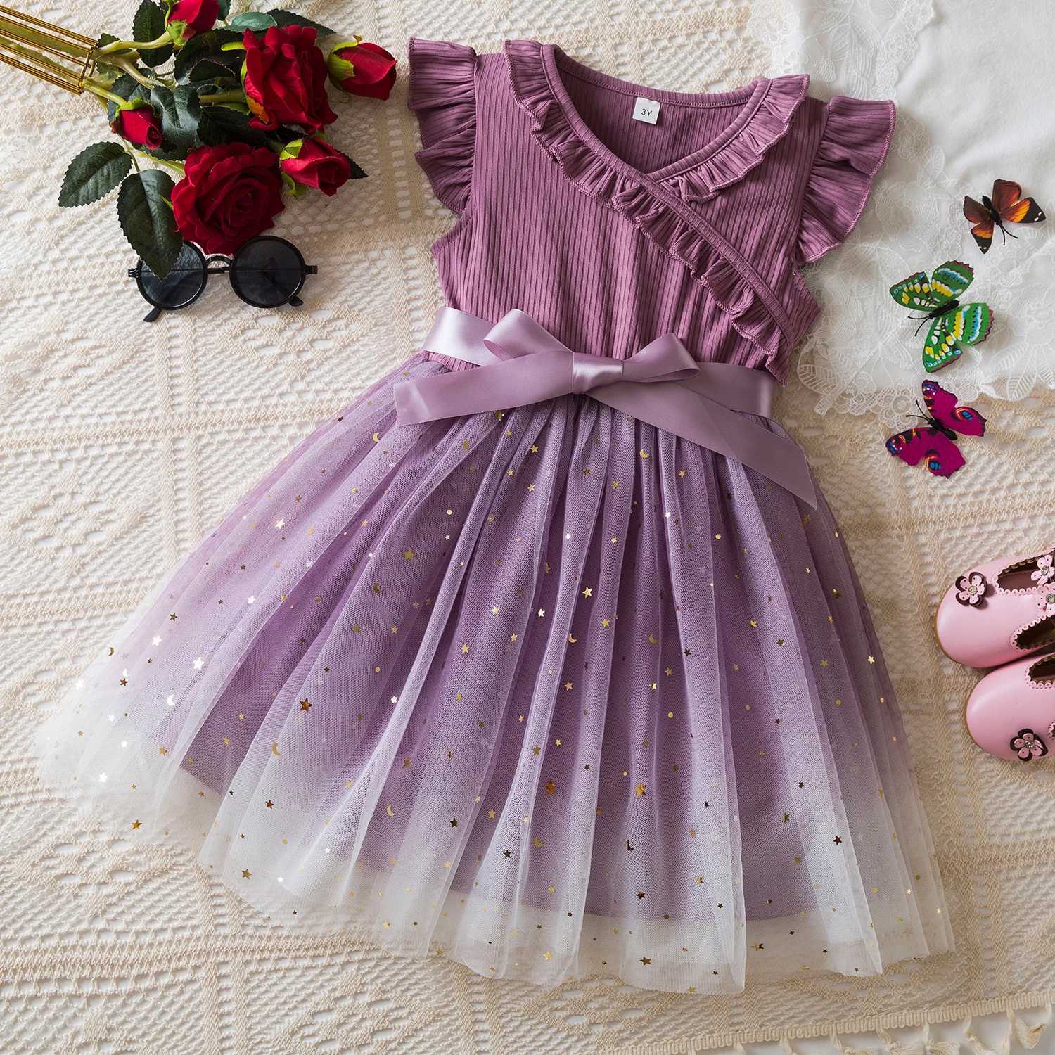 New Childrens Dress for 3-8 Yrs Summer Dress Lotus Leaf Edge Design Bow Lace Up Star Sequin Sweet Tulle Kids Dresses for Girls X250528