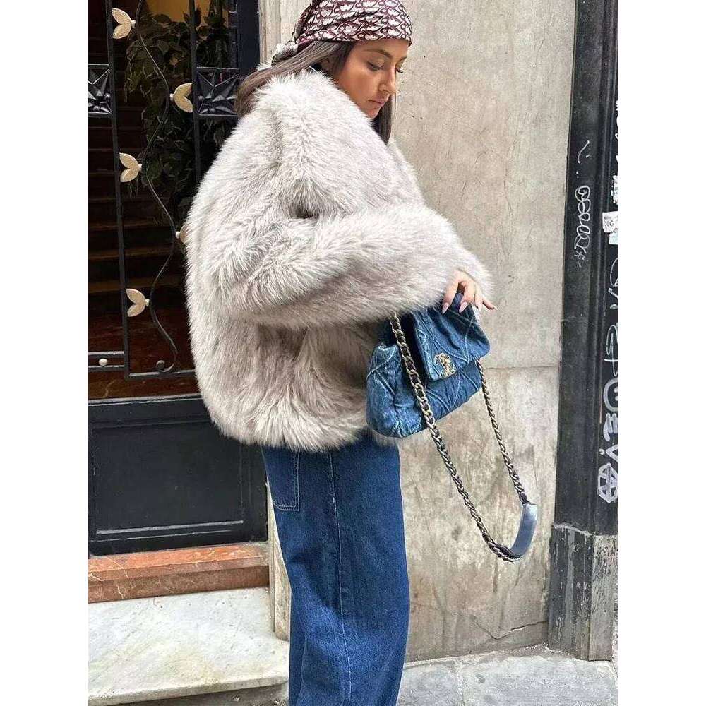 TRAF Woman Autumn Winter Faux Fur Coat Plush Fluffy Women's Jacket New in Outerwears White Red Gray Black Wool Blends Coats