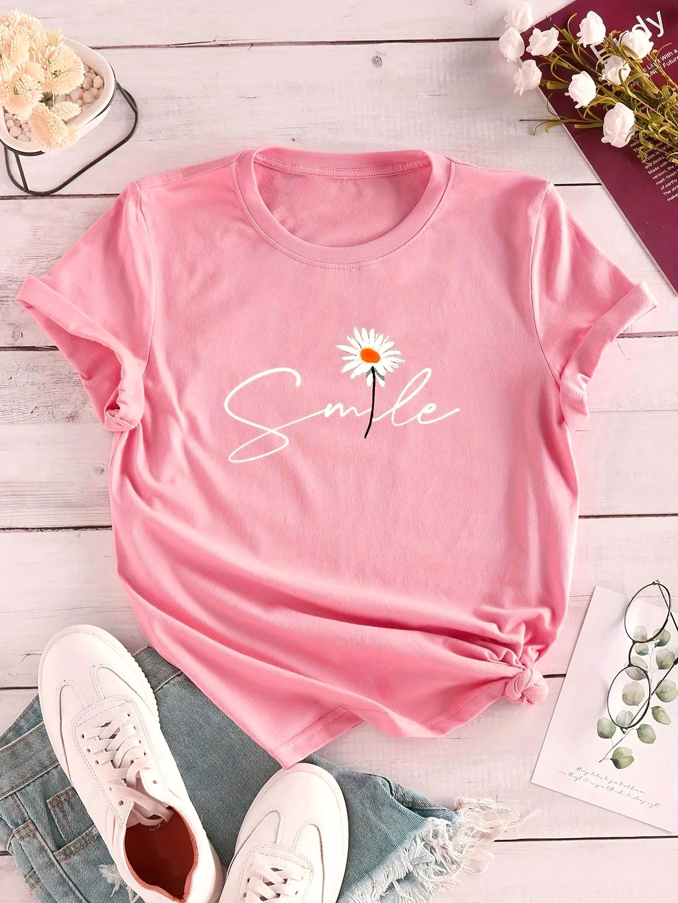 Flower Letter Print Crew Neck TShirt Casual Short Sleeve for Summer Womens Clothing Comfortable Soft Creative Tops 250517