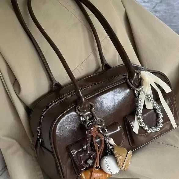 Large Capacity Brown Bowling Handbag Womens Shoulder Bag Retro Korean INS Style Autumn Winter New 2024 Fashion Trend Bag Y250528