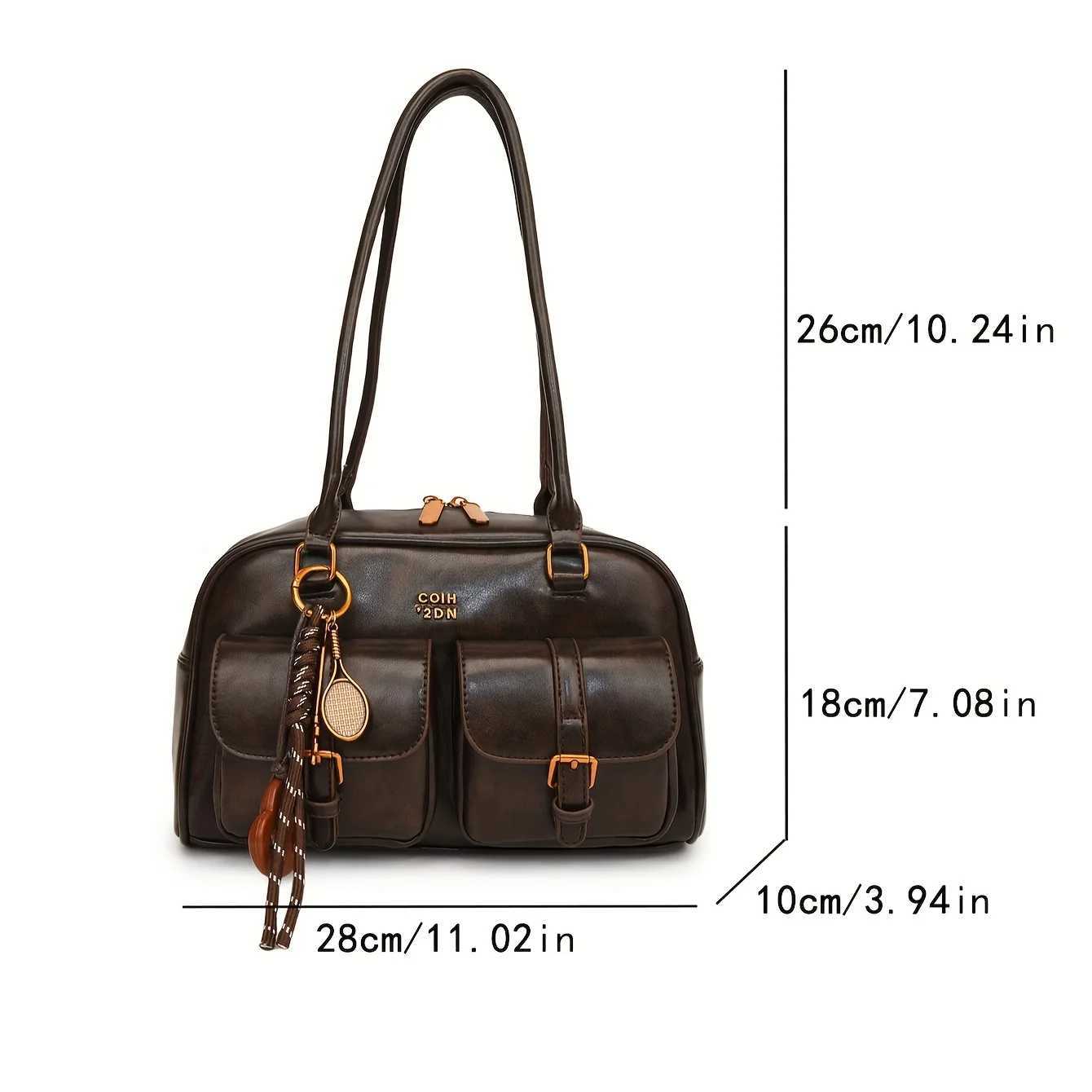 Womens Retro Solid Color PU Leather Shoulder Bag with Multiple Pockets Large Capacity Comes with a Detachable Accessory Charm Y250528