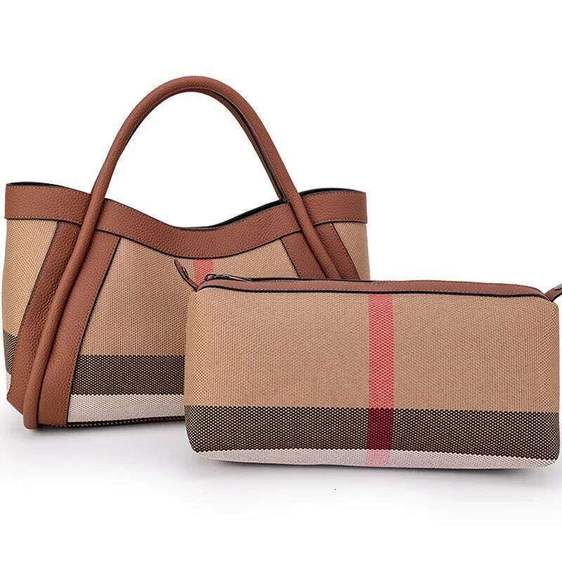 Stripes Tote Handbag Crossbody Canvas Genuine Leather Women's Bags Large Retro Checkered Shoulder Messenger Bag