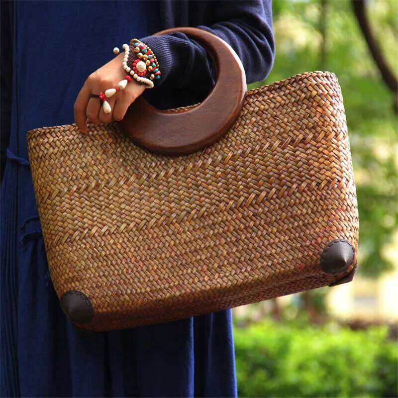 Straw Rattan Wooden Handle Retro Woven Bucket Large Vacation Beach Bag