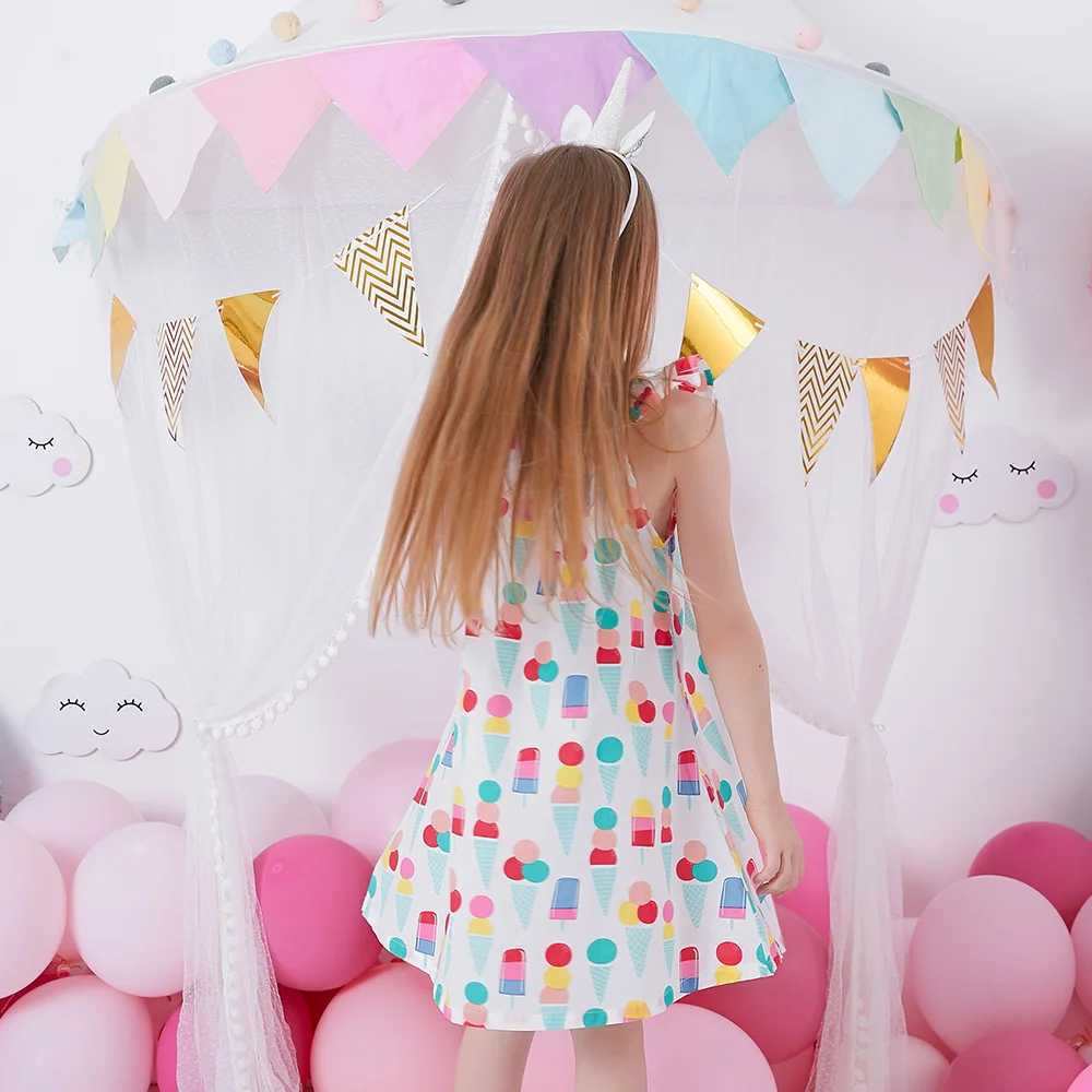 DXTON Girls Summer Dress Kids Flare Sleeve Ice Cream Print Cartoon Dresses Kids Casual Cotton Vestidos Kids Costumes Clothes X250528