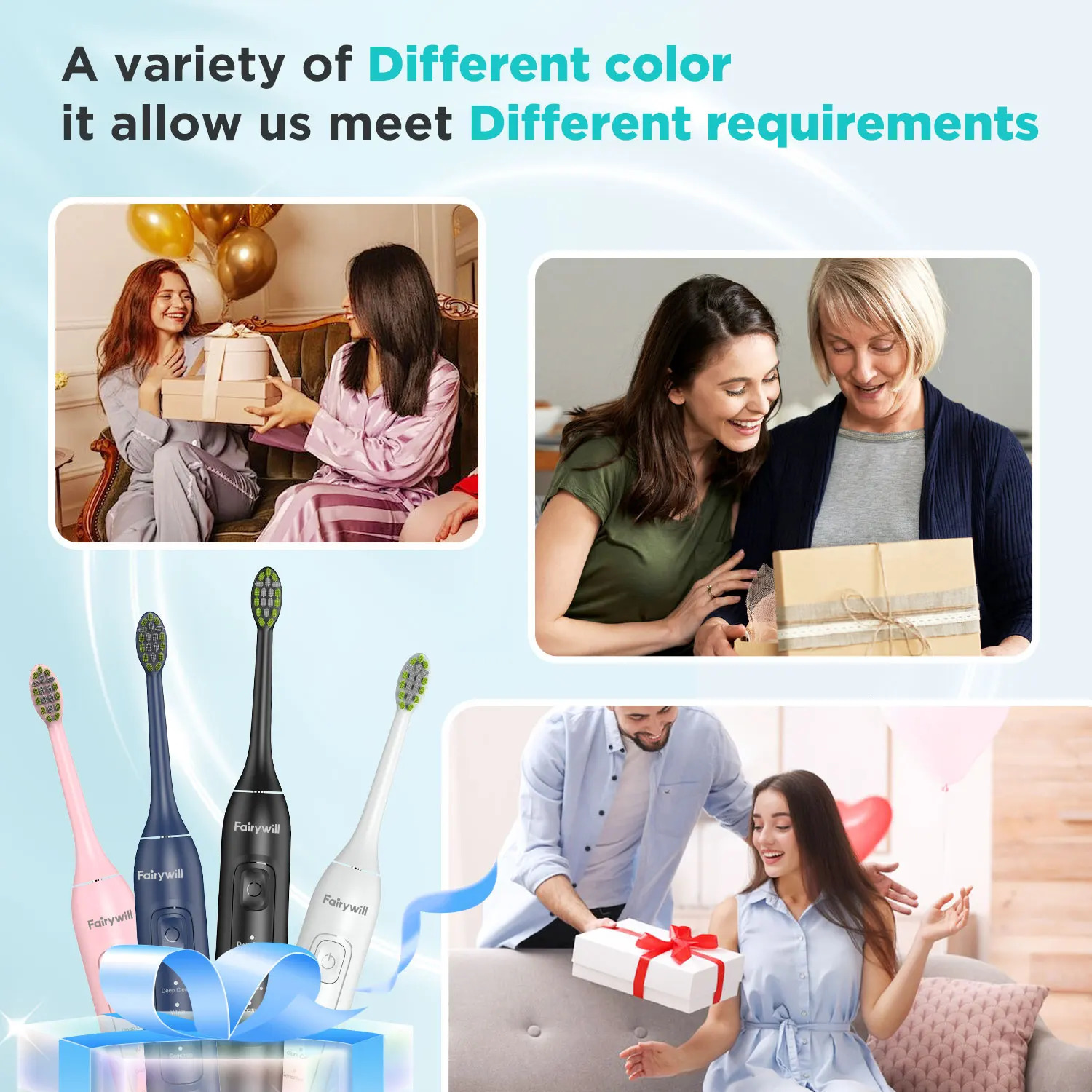 Fairywill Ultrasonic Electric Toothbrush42000HZmin Vibrations 8pcs Rechargeable Heads for Adults4h Full Charge 100Days S 250519