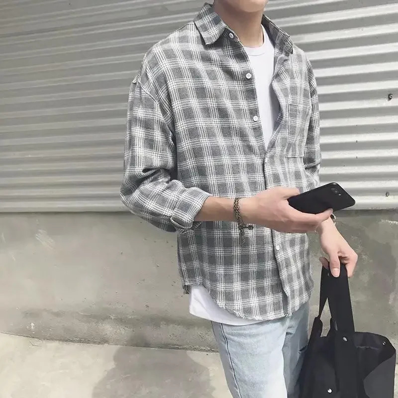Hong Kong Style Plaid Shirt Mens Long Sleeve Loose-fit Korean Trendy Student Autumn Flannel Jacket Top Wholesale 250527