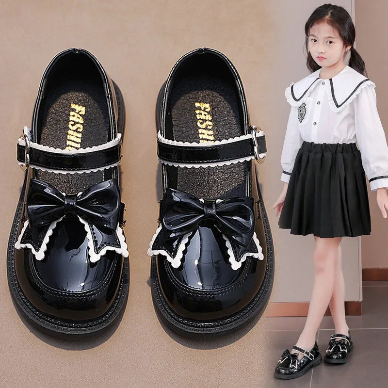 Girls Princess Leather Shoes Spring Autumn Black Childrens Flats Fashion Sweet Kids Bowknot Mary Jane Shoes Glossy Thick Bottom 250528