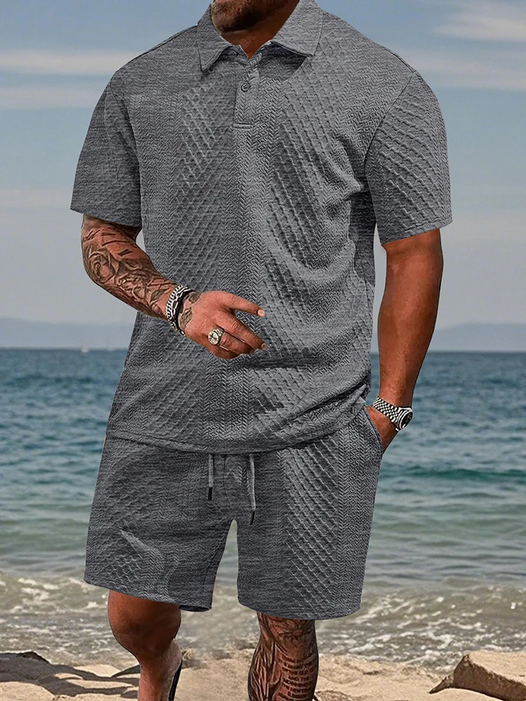 2025 Summer Casual Mens Two Piece Sets Fashion Button Lapel Short Sleeve Polo Shirt And Shorts Outfits Men Vintage Texture Suits 250522