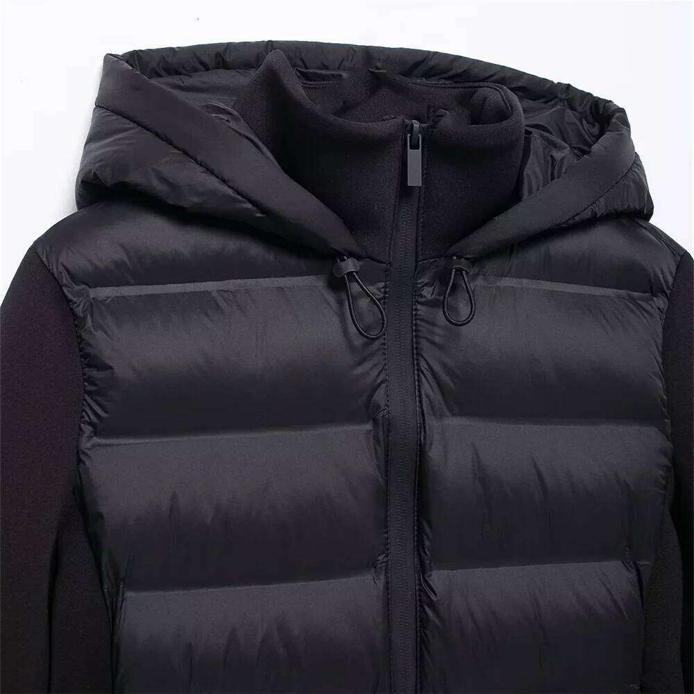 ZBZA Woman's Neoprene Effect Jacket High Collar Long Sleeves Hooded Splice Warm Overcoat Autumn Winter New Female Chic Outerwear