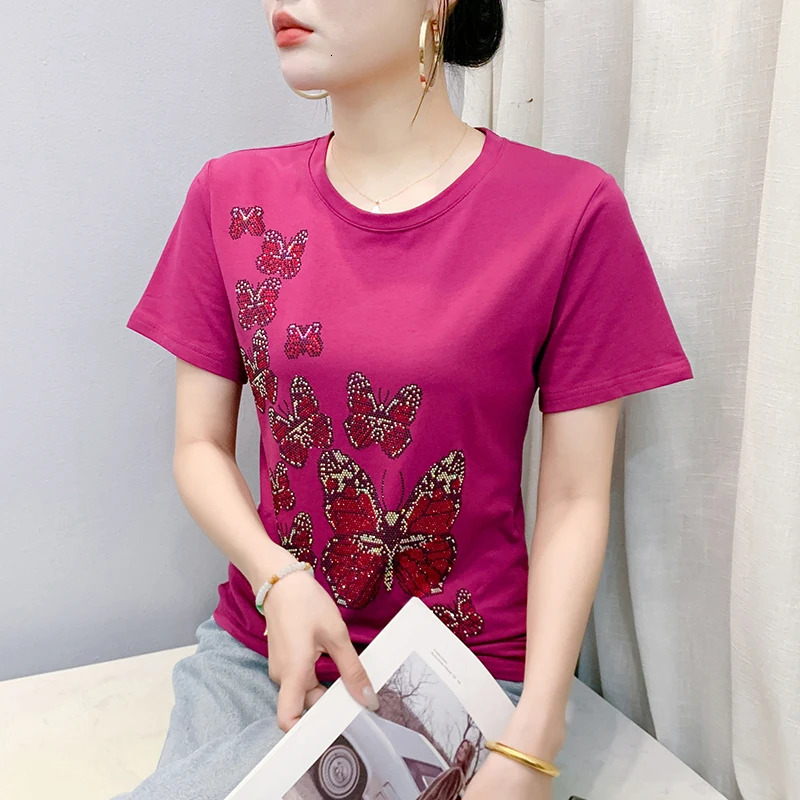 BlackSummerKoreanStyleCottonT-ShirtWomenFashionSexyButterflyShinyDiamondsTopsShort SleeveLooseTees53601 250527