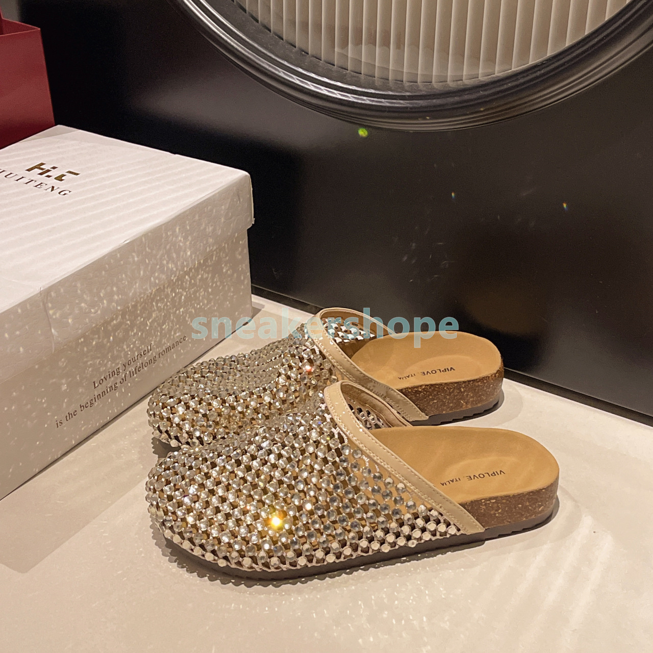 designer slides womens sandals slip-on slippers clogs sliders flat heels summer rhinestone glint fishing net sandal fashion sliders casual thick-soled