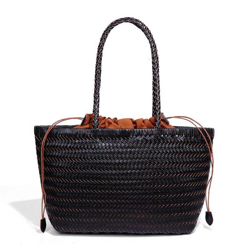 Cowhide Vegetable Basket Handbag Tote Women's Personality Handwoven Casual Vacation Style Shoulder Underarm Bag
