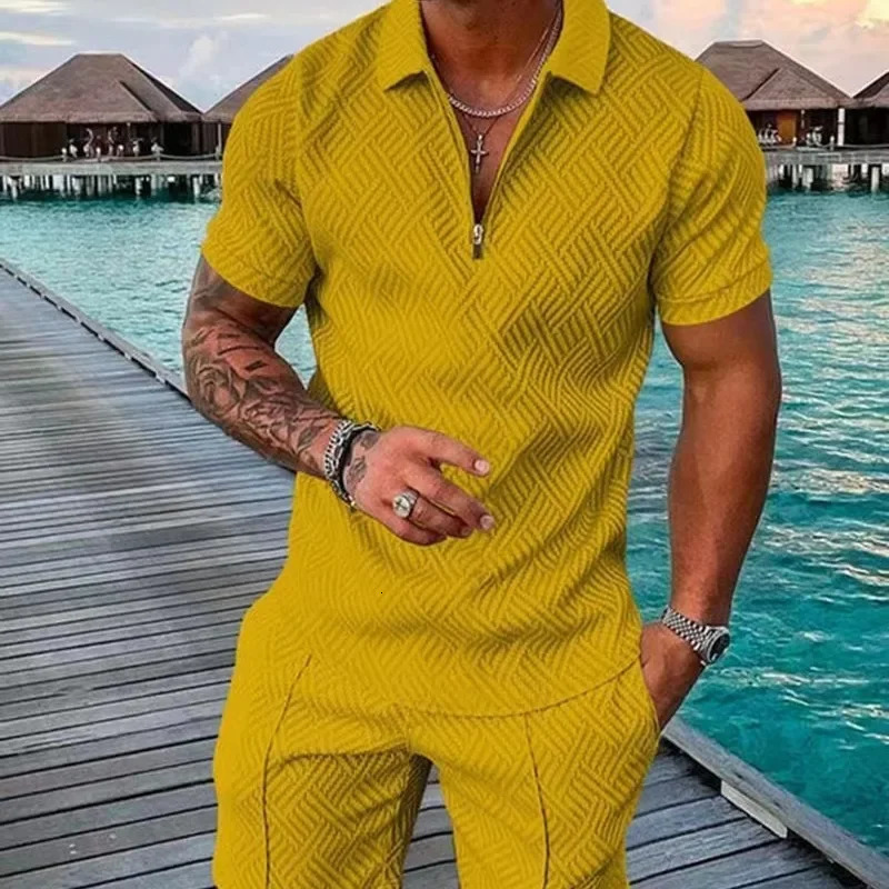 Hawaii Mens Polo Suit Fashion Men Casual Sets Solid Summer Vneck Zipper Short Sleeve POLO ShirtShorts Two Pieces 250522