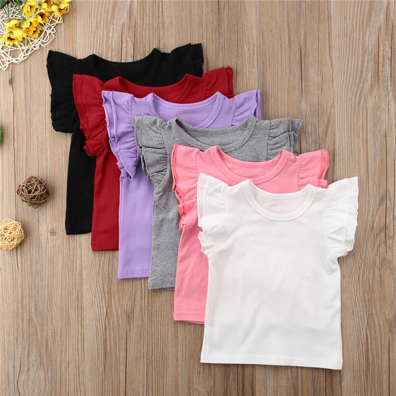 16Years Infant Girls TShirt Cotton Flying Sleeves For Summer Solid Black White Pink Red Tee Tops 250528