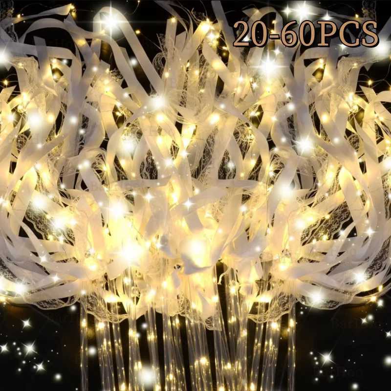 20-60PCS Light Up Wedding Sparklers LED Wedding Wands Streamers Silk Fairy Wands with Bells for Birthday Concert New Year Raves W250528