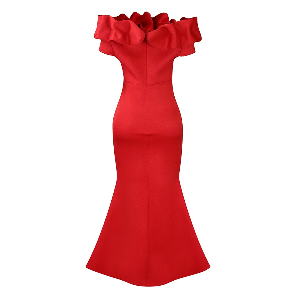 Plus size evening dresses 2025 new solid color long dresses fishtail dresses with ruffle trim slim fit skirts