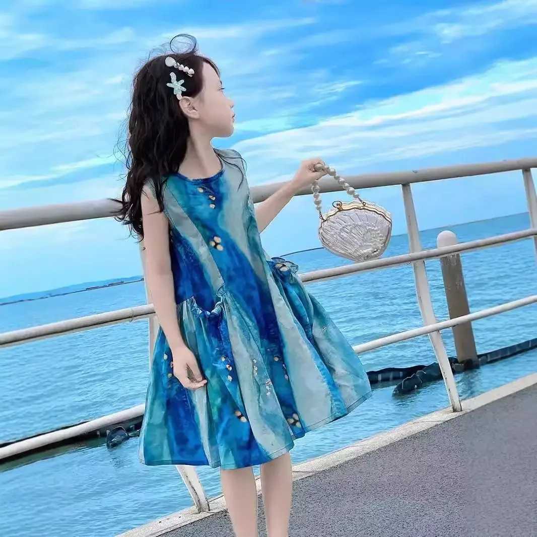 Girls Casual Dresses Blue Tie Dye Print Sleeveless Dress Party Dress for Kids Girl Princess Dress Girls Clothes X250528