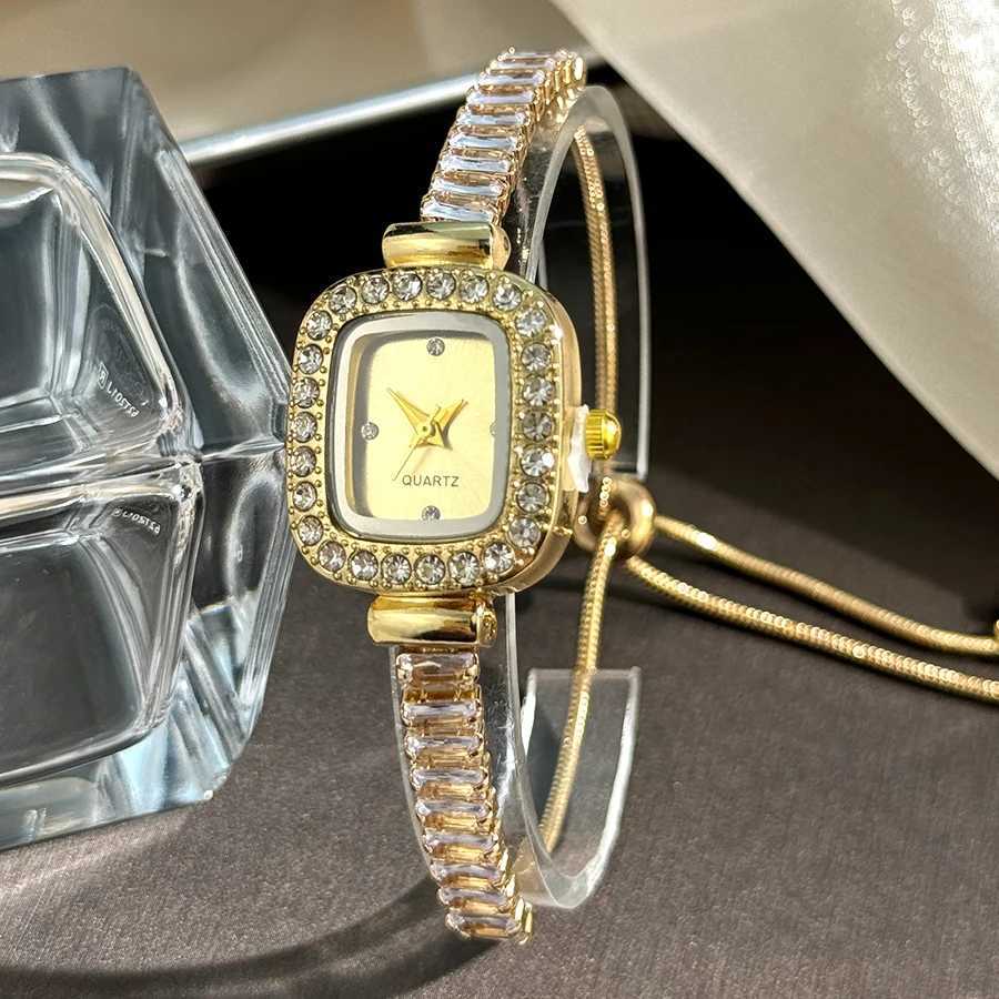 Womens Inlaid Zircon Flexible Pull Out Bracelet with Diamond Square Alloy Case Rhinestone Scale Simple Dial Quartz Watch XJ250527