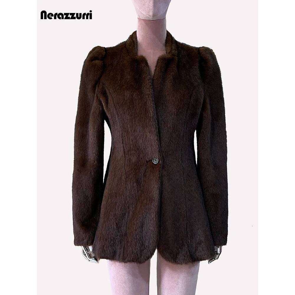 Nerazzurri Winter Short Brown Thick Warm Soft Fitted Faux Mink Fur Coat Women Single Button Elegant Chic Fluffy Jacket