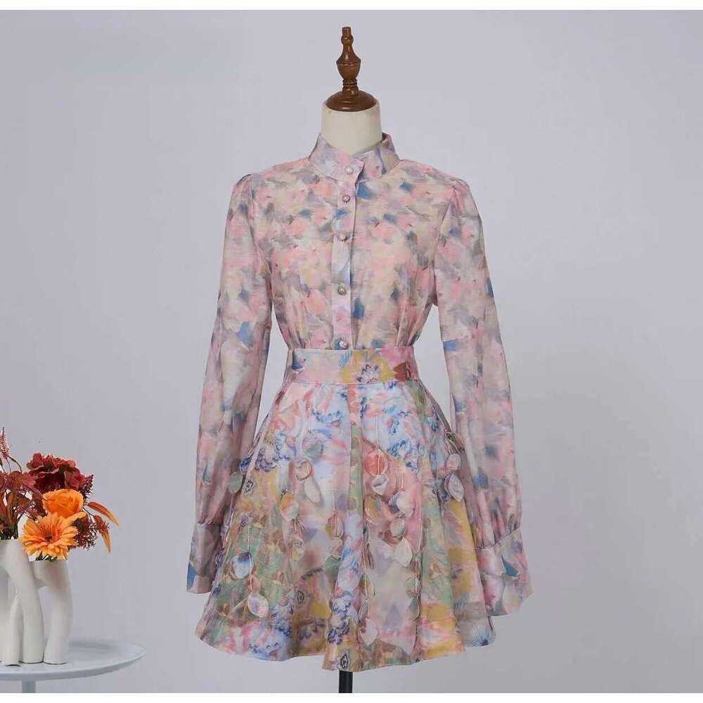 Women Vintage Floral Long Sleeve Shirt Tops And A-Line Skirts Suit 2025 Summer Holiday Birthday Two 2 Piece Sets
