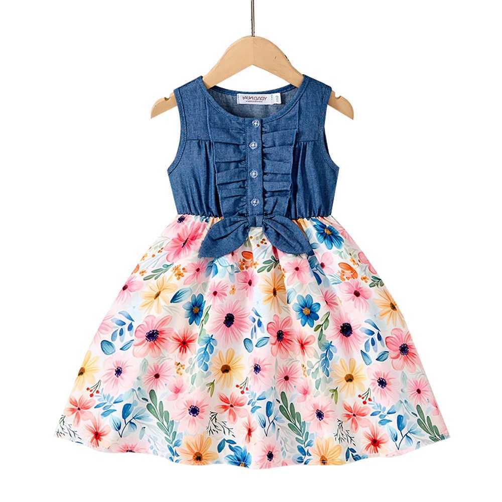New Kids Girl Dress Summer Floral with Bow Fashion White Dresses Short Sleeve Children Clothing Outfits Casual Printed Dresses X250528